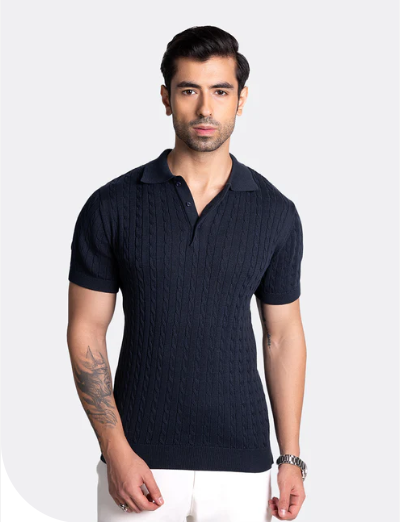 Cable knit Polo T shirt Navy blue