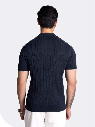 Cable knit Polo T shirt Navy blue