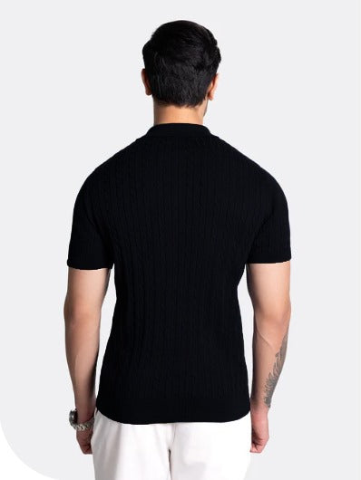 Black Cable Knit Polo T shirt
