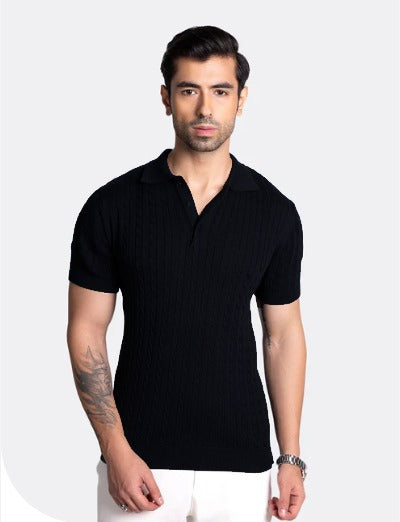 Black Cable Knit Polo T shirt